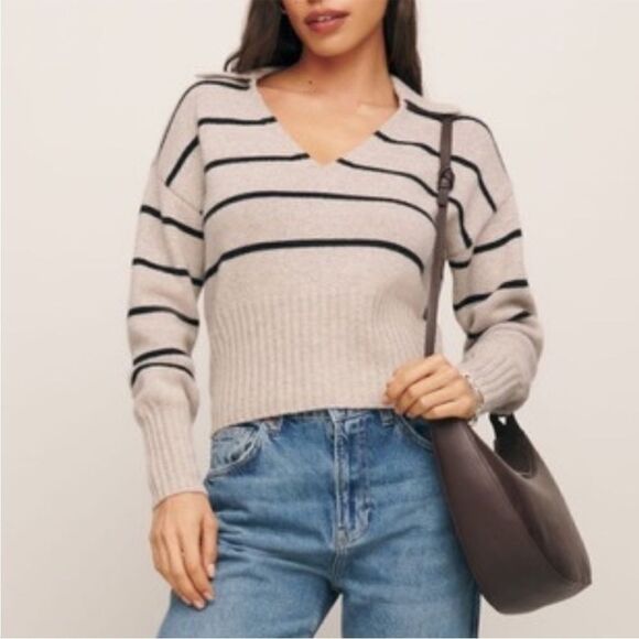 Reformation Cream and Black Striped V-Neck Sweater - Picture 2 of 7